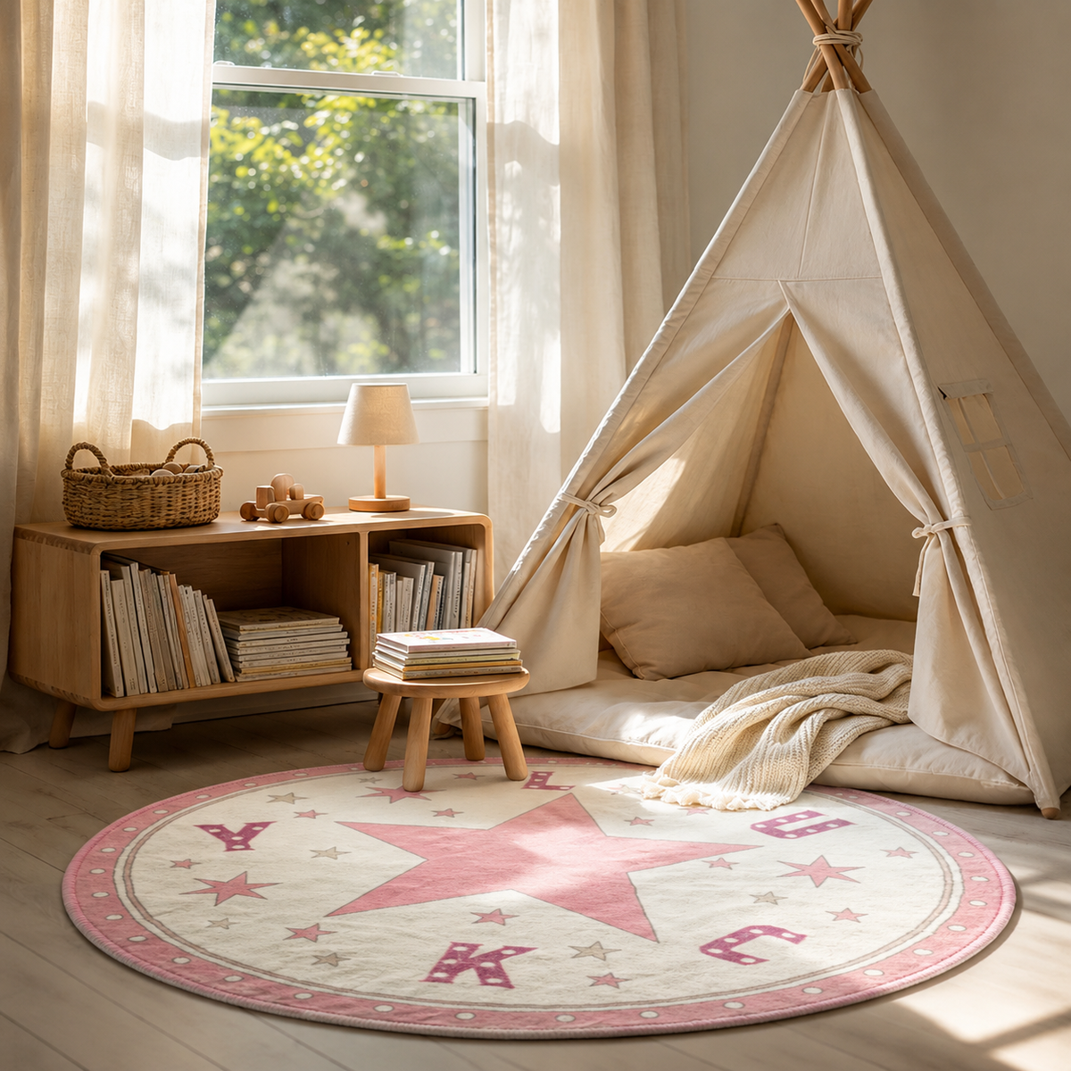 Pink Lucky Star Round Rug