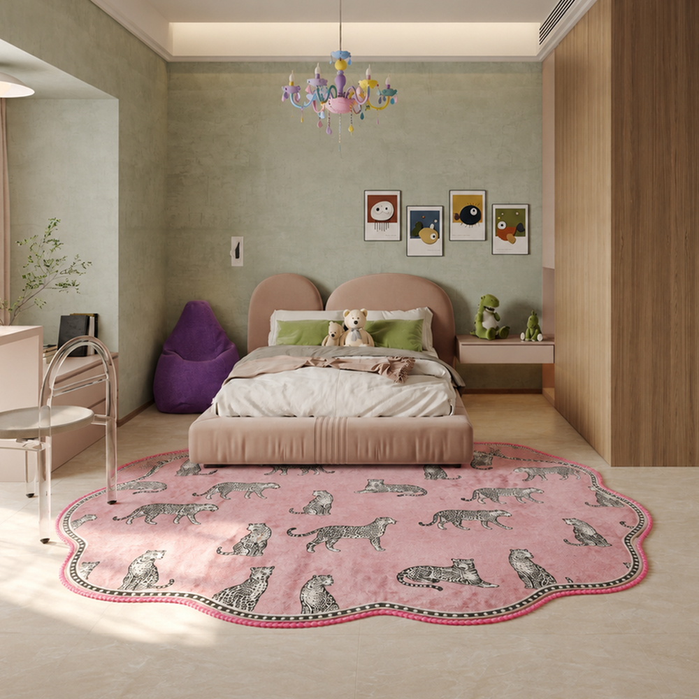 Pink Pom‑Pom Border Leopard Rug