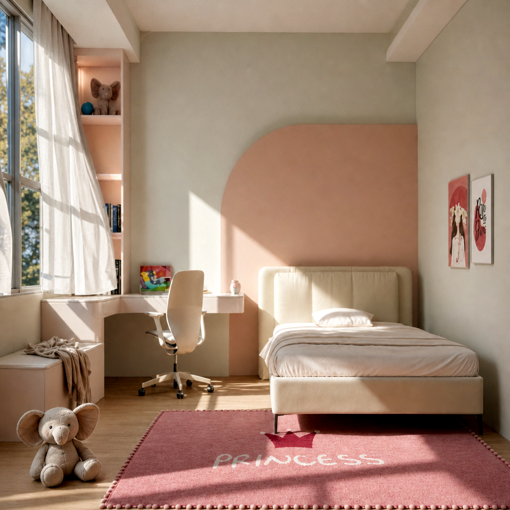 Pink Pom‑Pom Border Princess Crown Rug