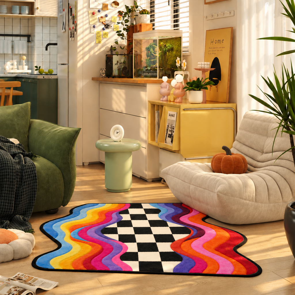 Rainbow Wavy Checkerboard Rug