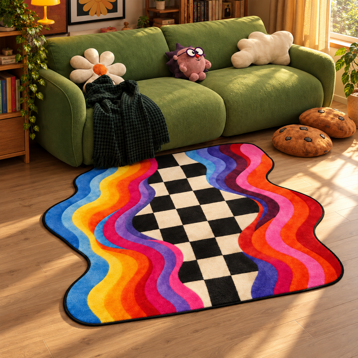 Rainbow Wavy Checkerboard Rug
