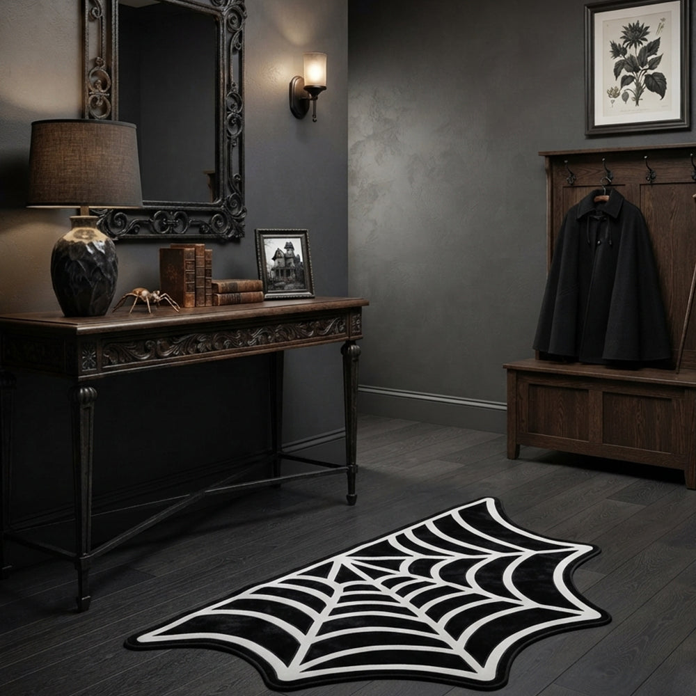 Jet Black Pure White Spiderweb Rug