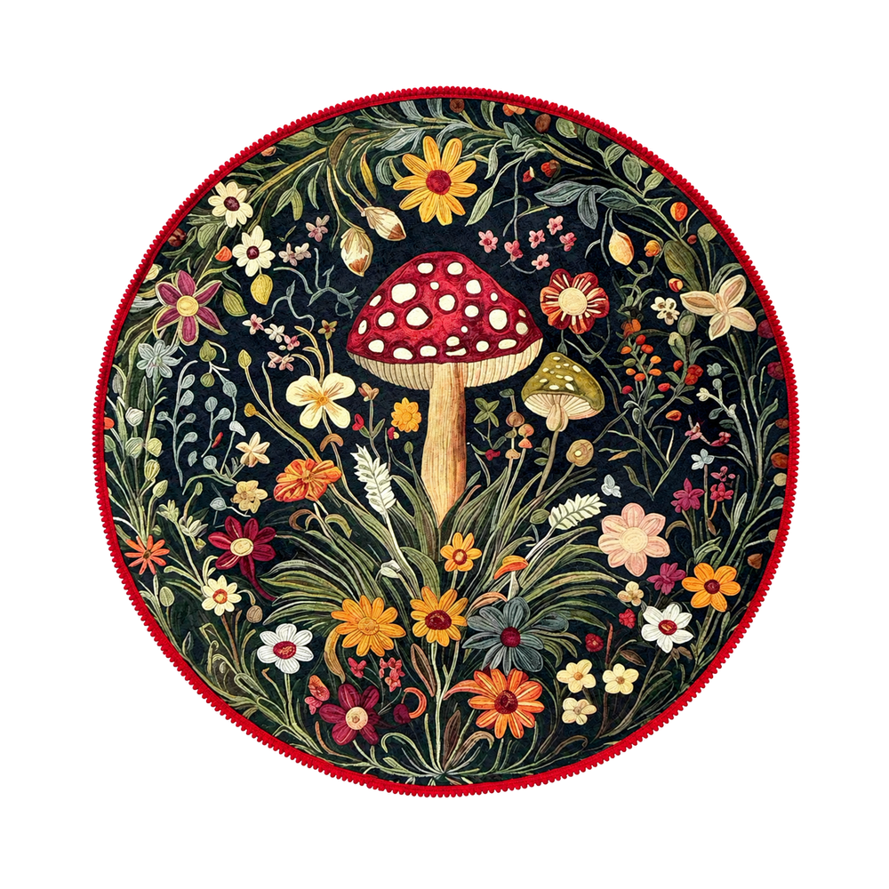 Red Pom‑Pom Border Mushroom Floral Rug