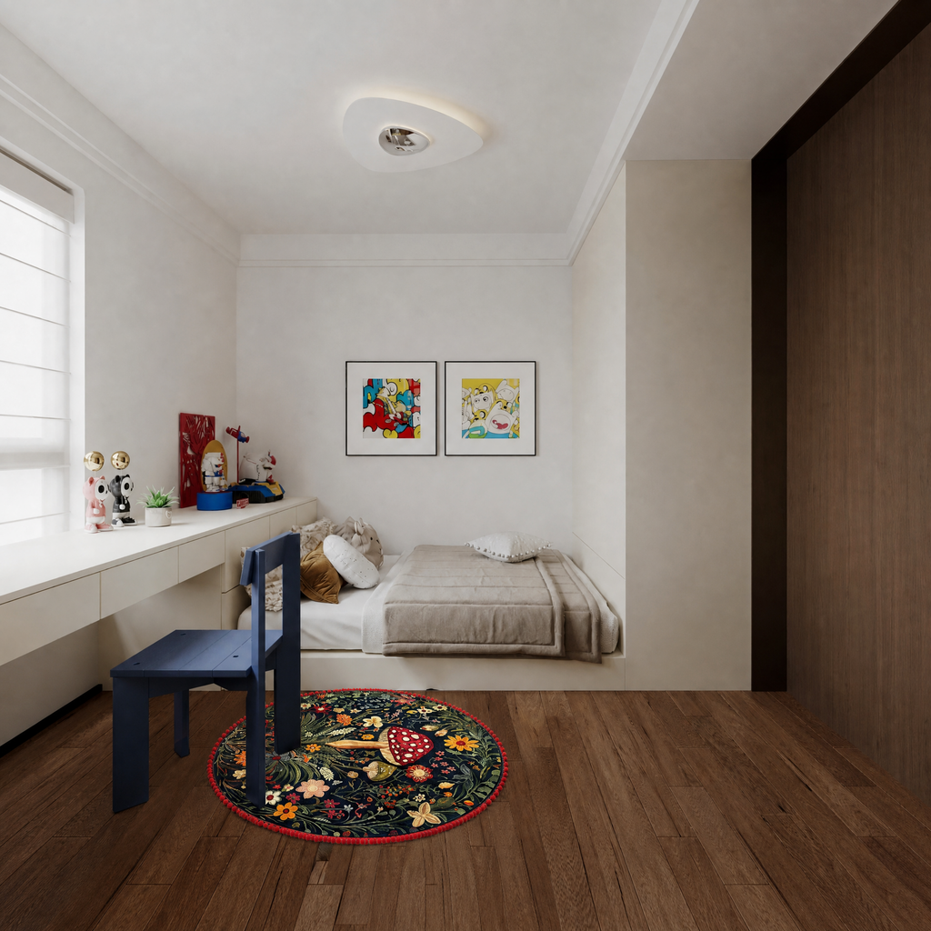 Red Pom‑Pom Border Mushroom Floral Rug