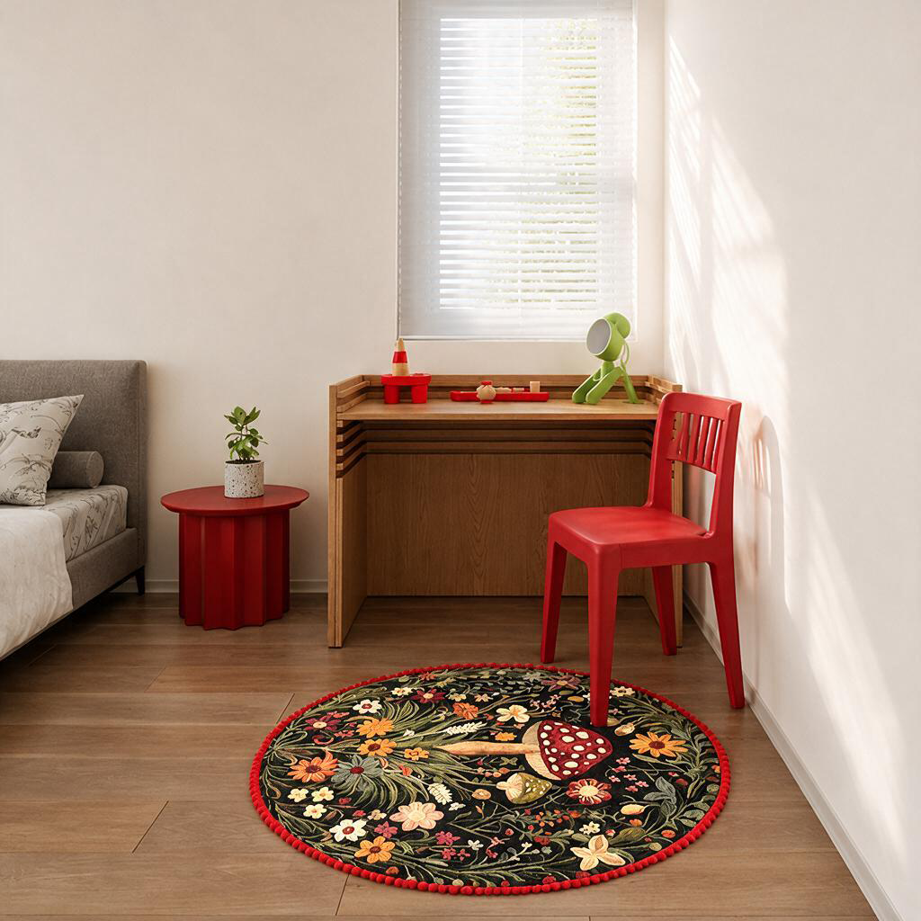Red Pom‑Pom Border Mushroom Floral Rug