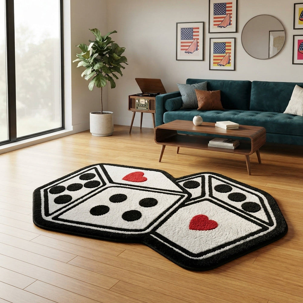 Samara Pure White Black & Red Heart Dice Rug
