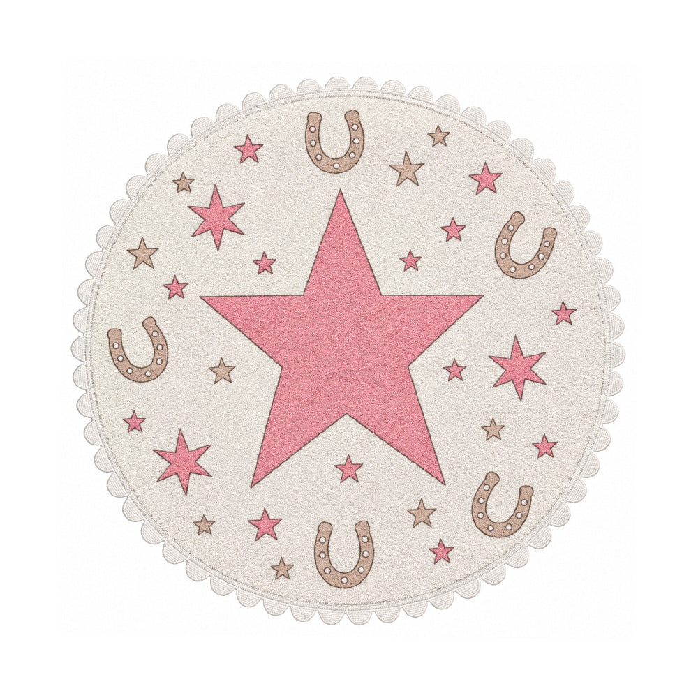 Scalloped Wavy Border Pink Star Round Rug