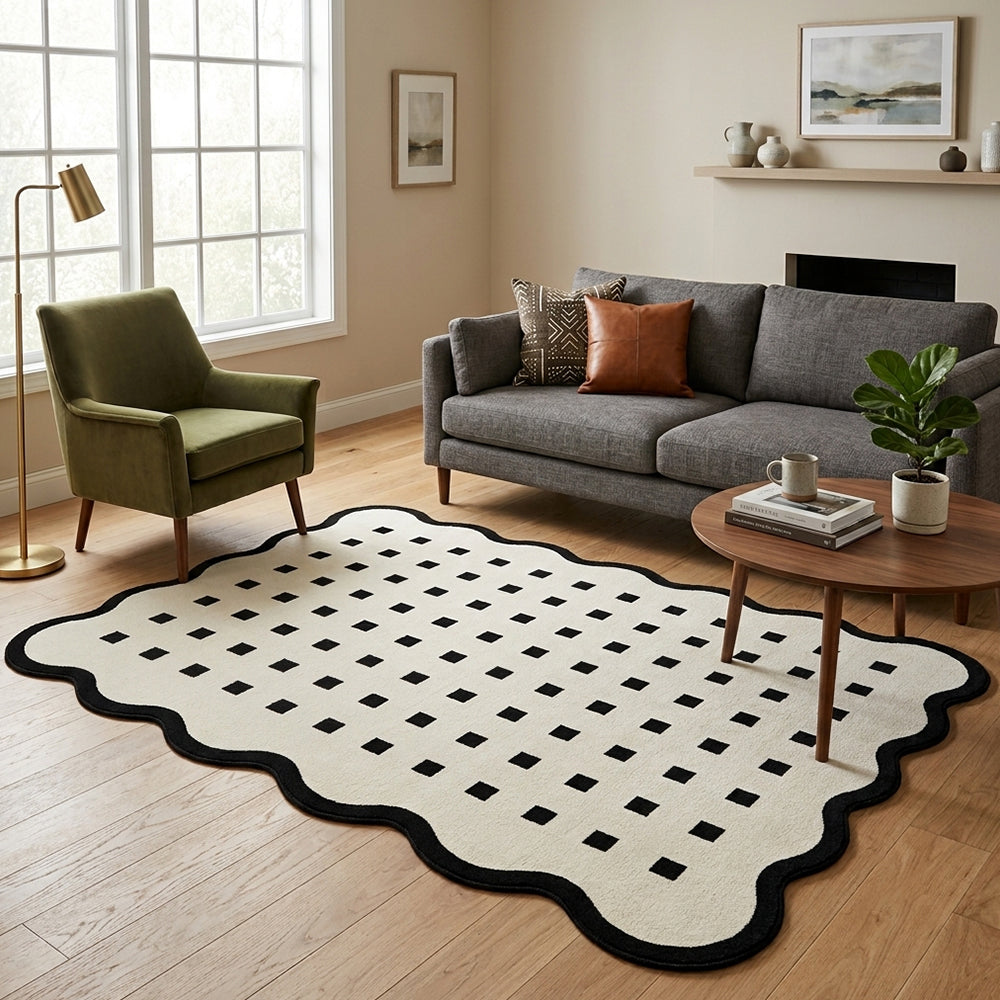 Suhad Cream Ivory Black Mini Grid Rug