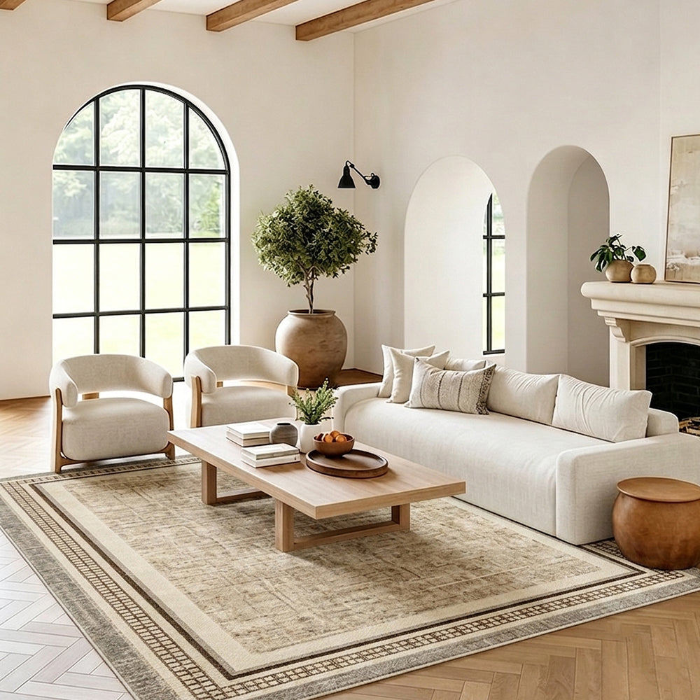 Talus Beige Brown Distressed Grid Rug