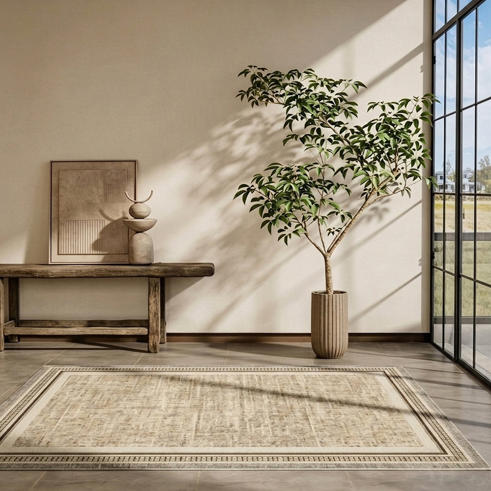 Talus Beige Brown Distressed Grid Rug