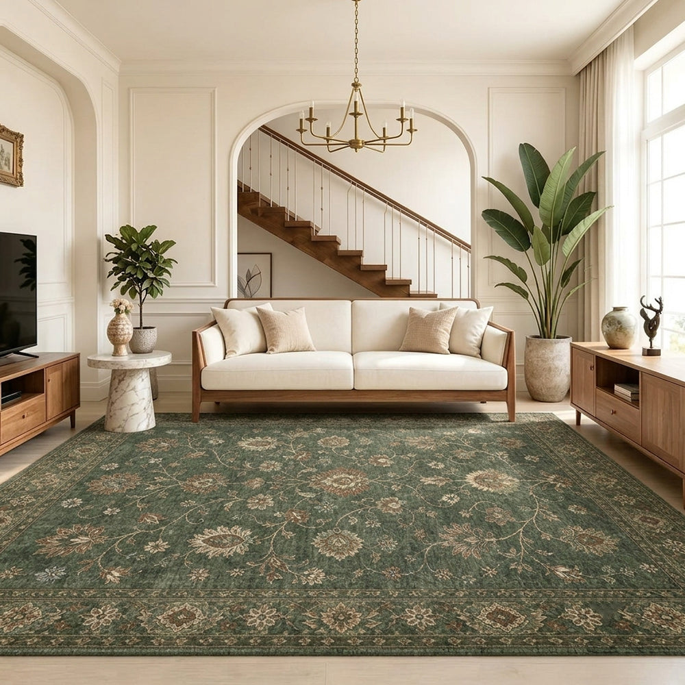 Thalyn Deep Sage Terracotta Cream Floral Rug