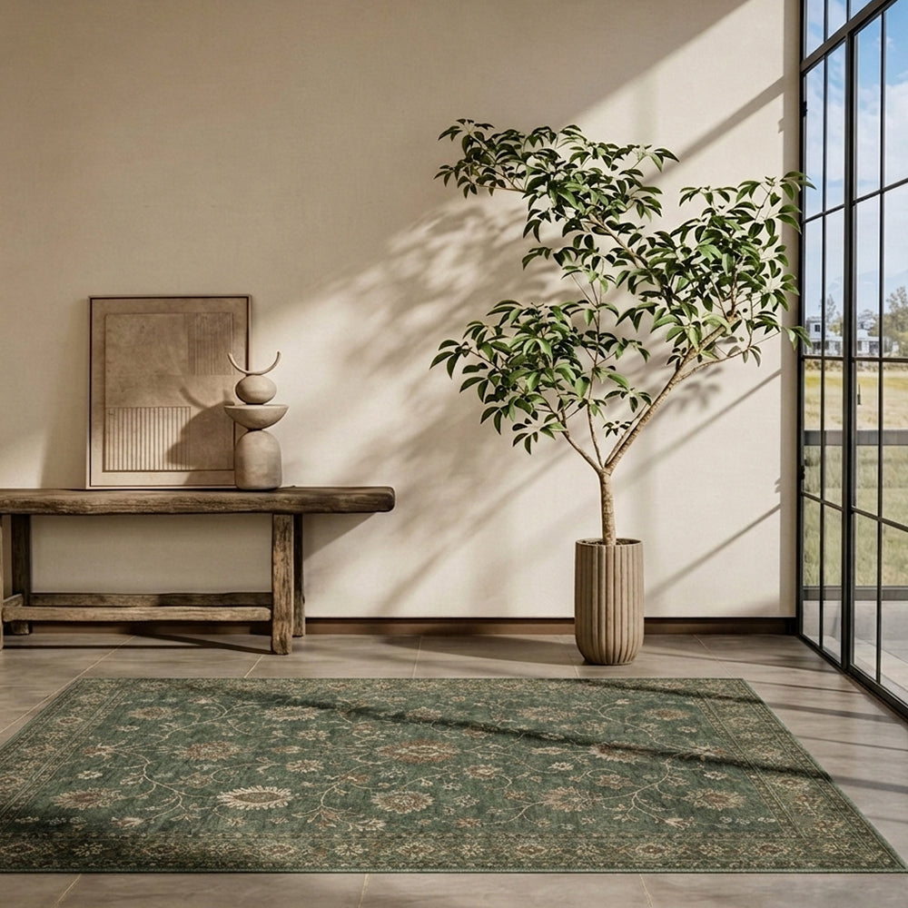 Thalyn Deep Sage Terracotta Cream Floral Rug