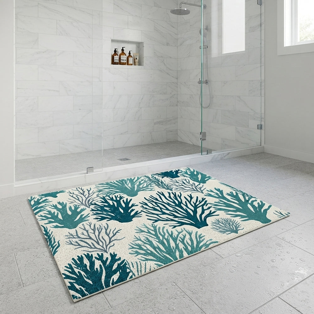 Watercolor Teal Coral Branch Coil Bath Mat