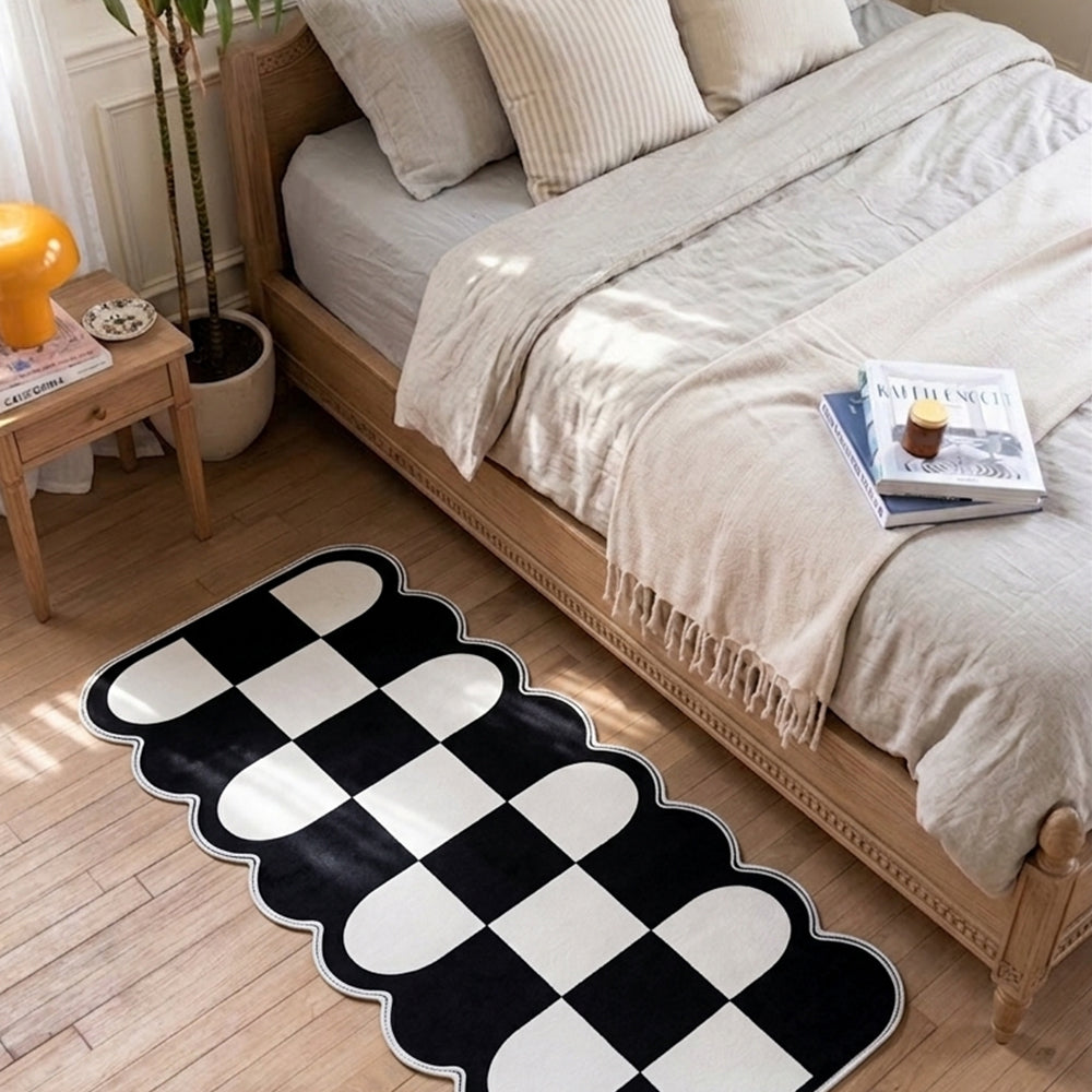 Yara Jet Black Pure White Scalloped Checker Rug