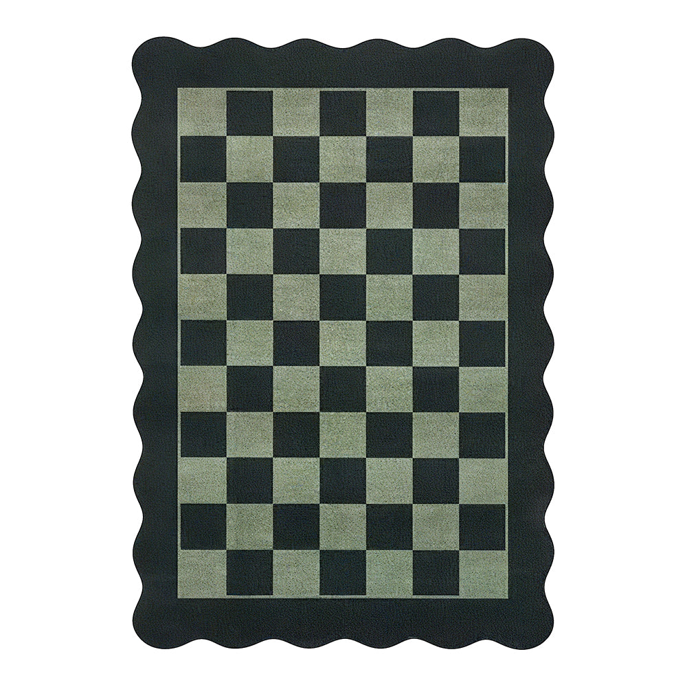 Deep Black Sage Green Wavy Border Rug