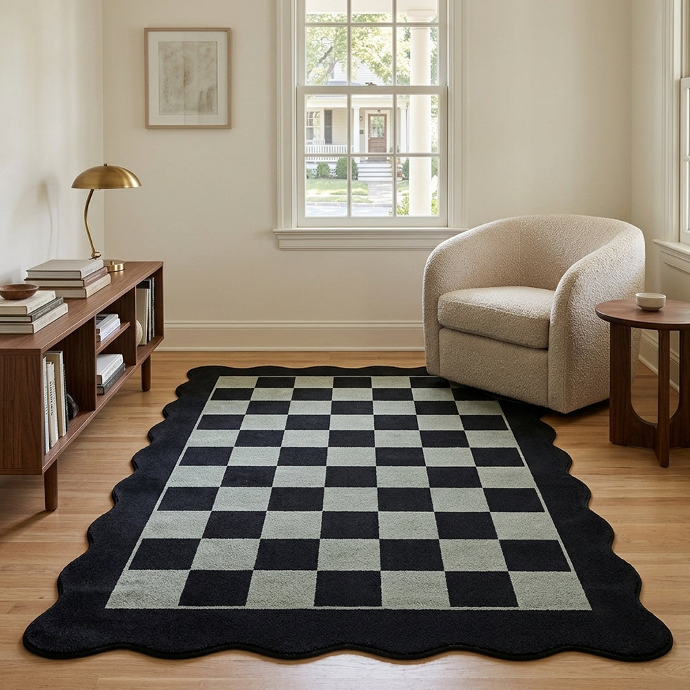 Deep Black Sage Green Wavy Border Rug
